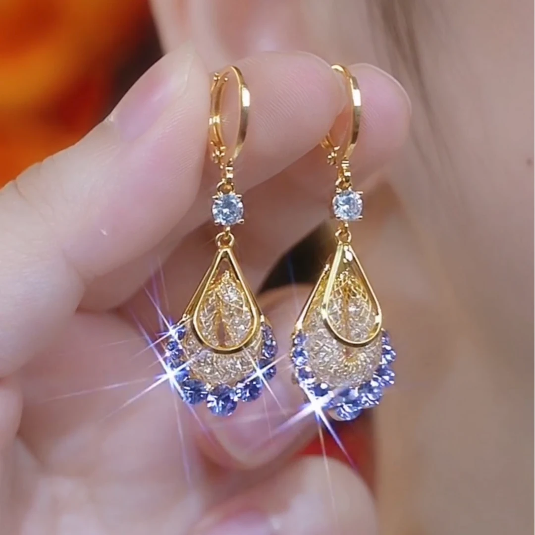 铜合金耳饰 紫色闪钻水滴耳环新款高级感轻奢设计气质耳饰耳扣