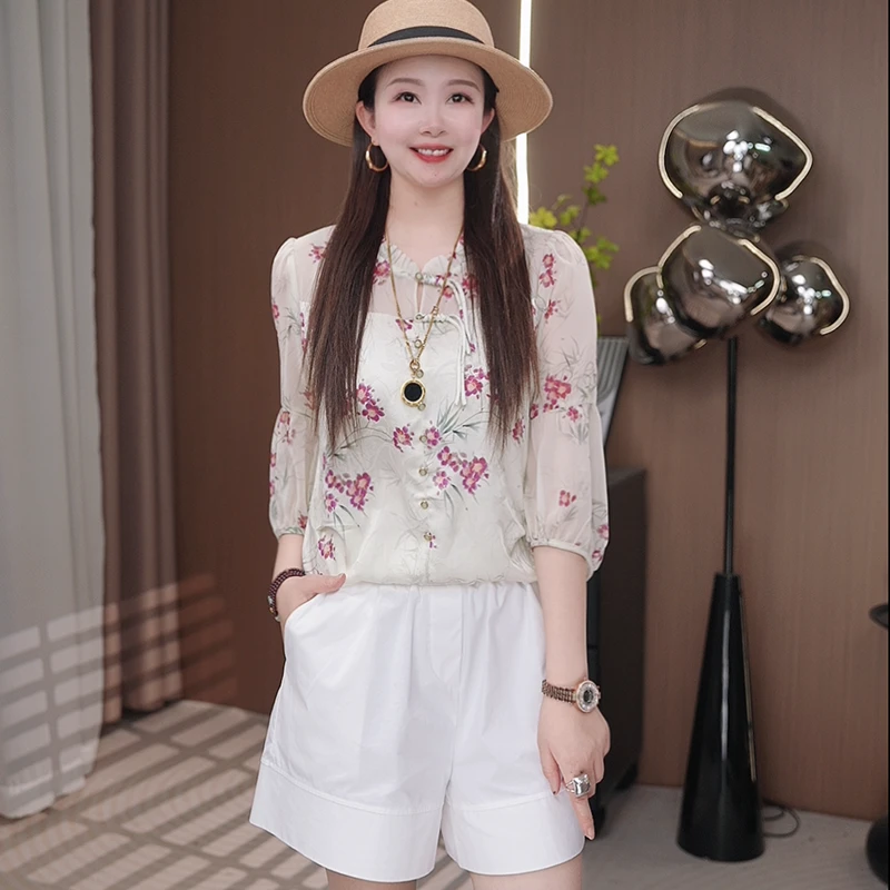 2025春季新款气质印花衬衫女中袖时尚百搭荷叶边领洋气小衫上衣