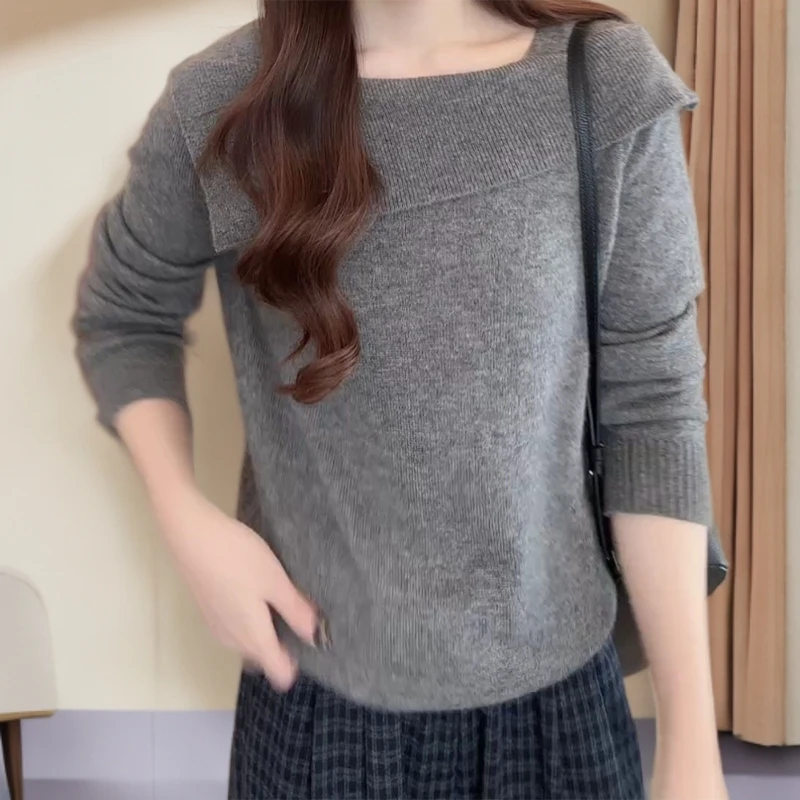 韩系气质宽松显瘦设计感翻领一字肩纯色长袖针织衫C6225
