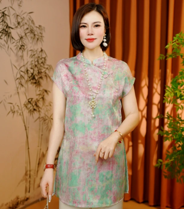 【雾绡】2025新款夏季新中式T恤短袖印花修身显瘦减龄气质款