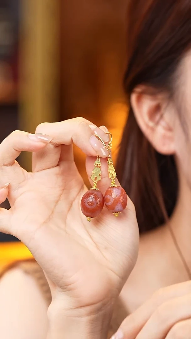 玛瑙/玉髓（覆膜）颈饰未镶嵌三眼耳钩