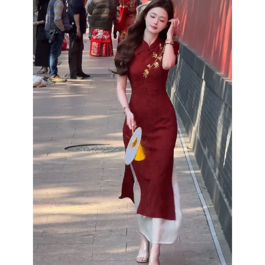 【C41经典】新中式2025夏季国风复古红色重工提花改良旗袍裙气质