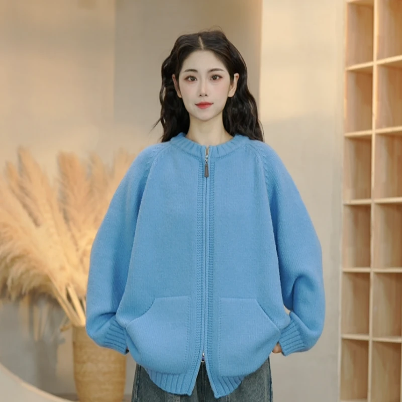 3978 秋冬季新款口袋保暖针织开衫百搭宽松圆领上衣针织外套女