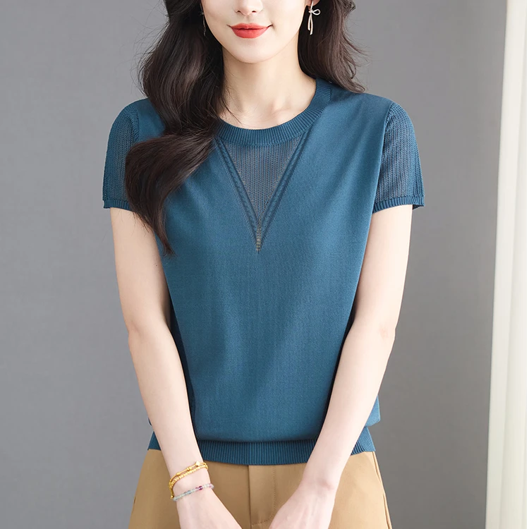 夏季新款天丝圆领提花短袖宽松显瘦时尚百搭减龄薄款小衫c891