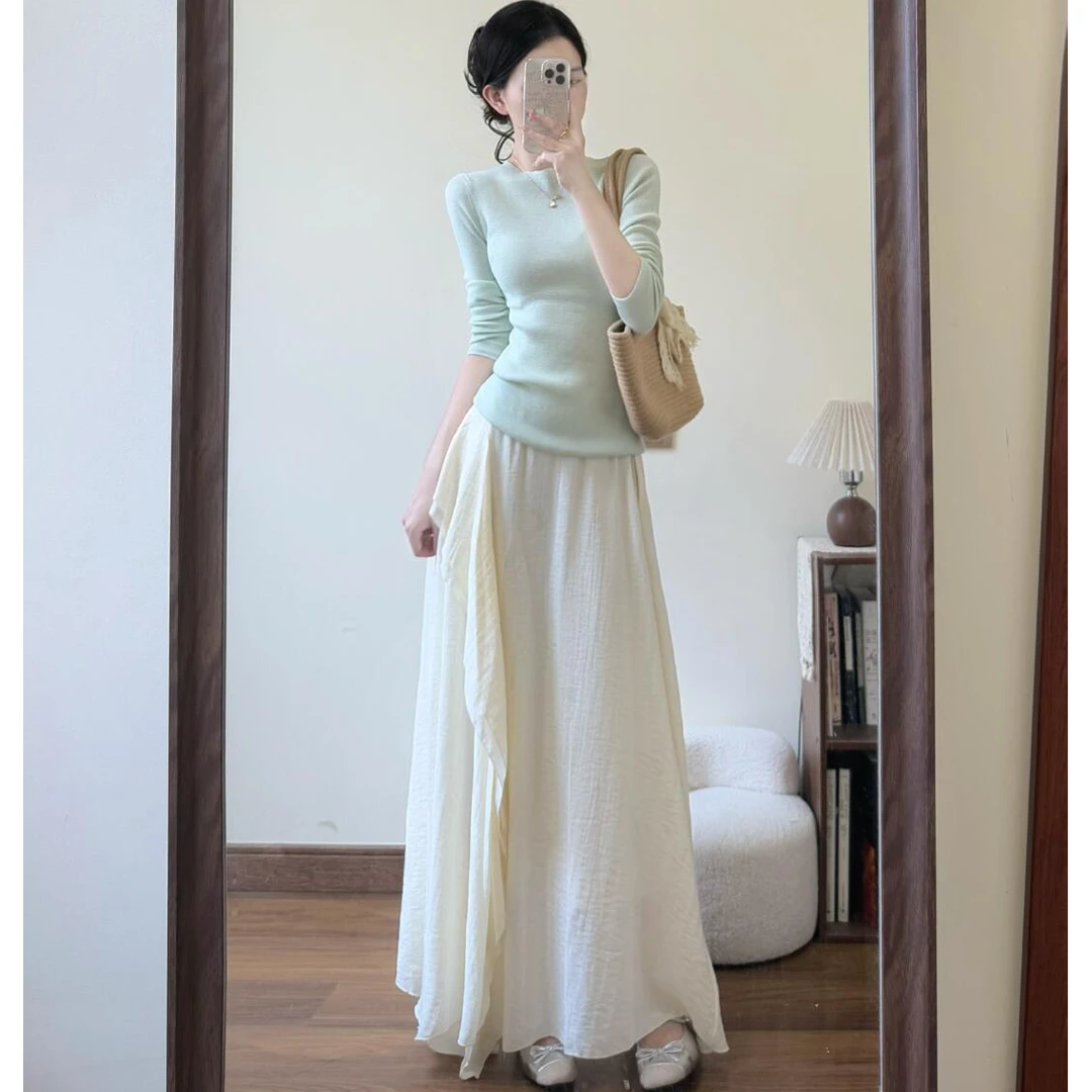 夏季穿搭一整套ootd套装女绿色防晒罩衫不规则百褶半身裙两件套