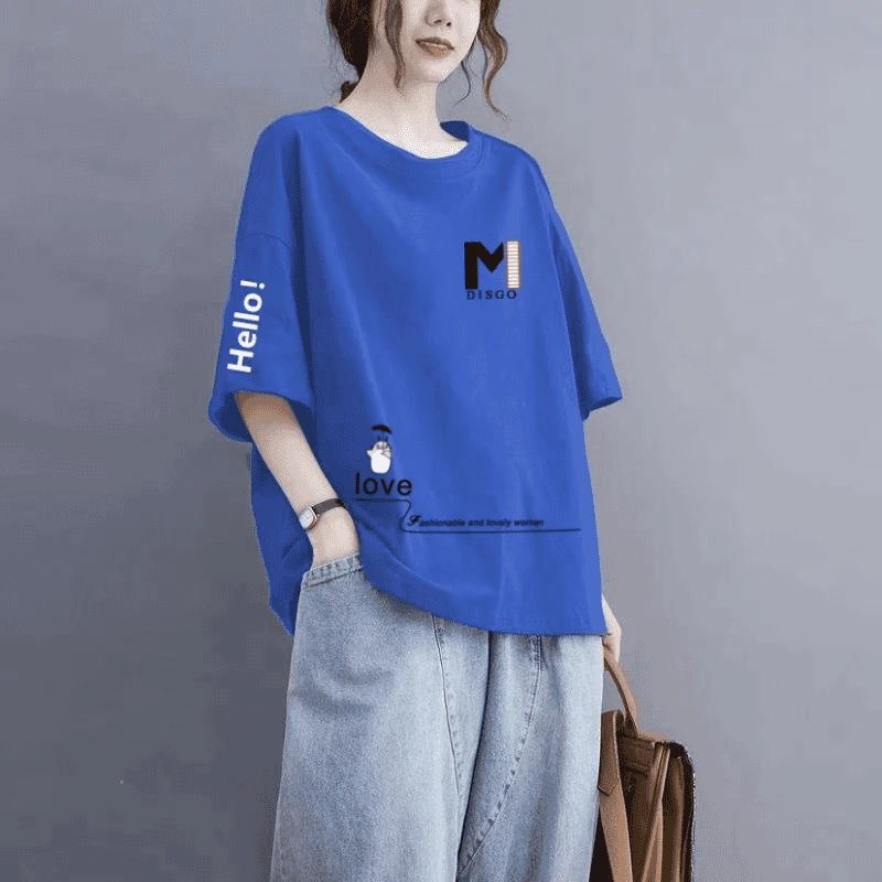 100%纯棉圆领短袖t恤女夏季韩版宽松休闲大码胖mm洋气减龄恤衫