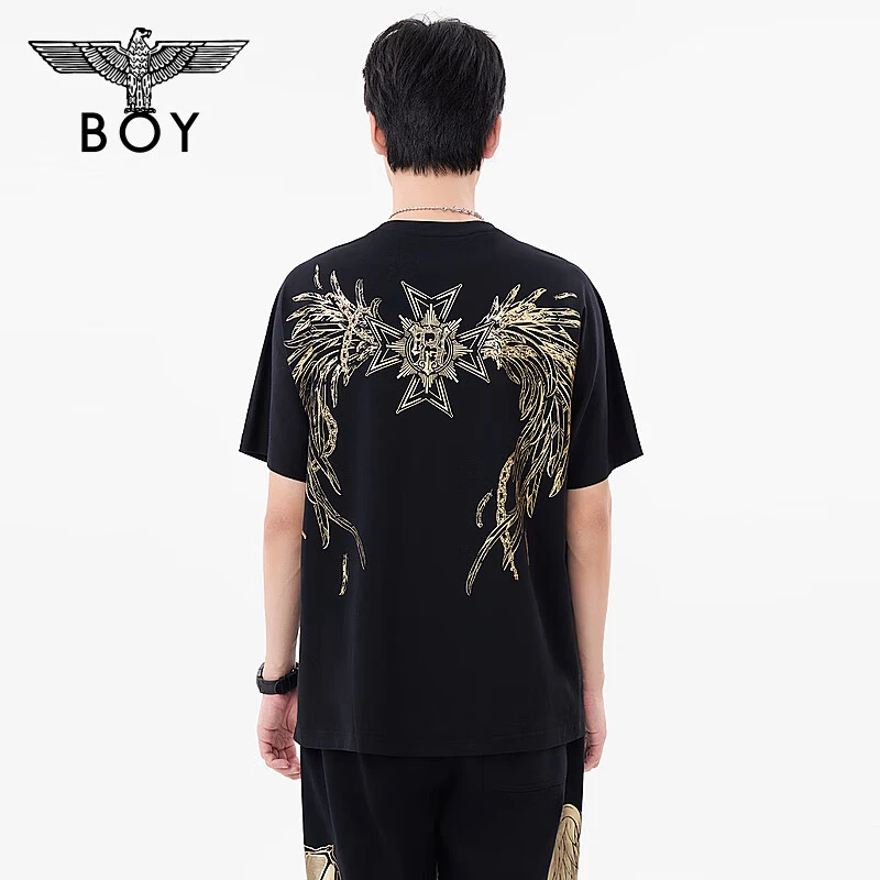 BOYLONDON24秋新品情侣款短袖皇家徽章银色老鹰立体朋克T恤N01117