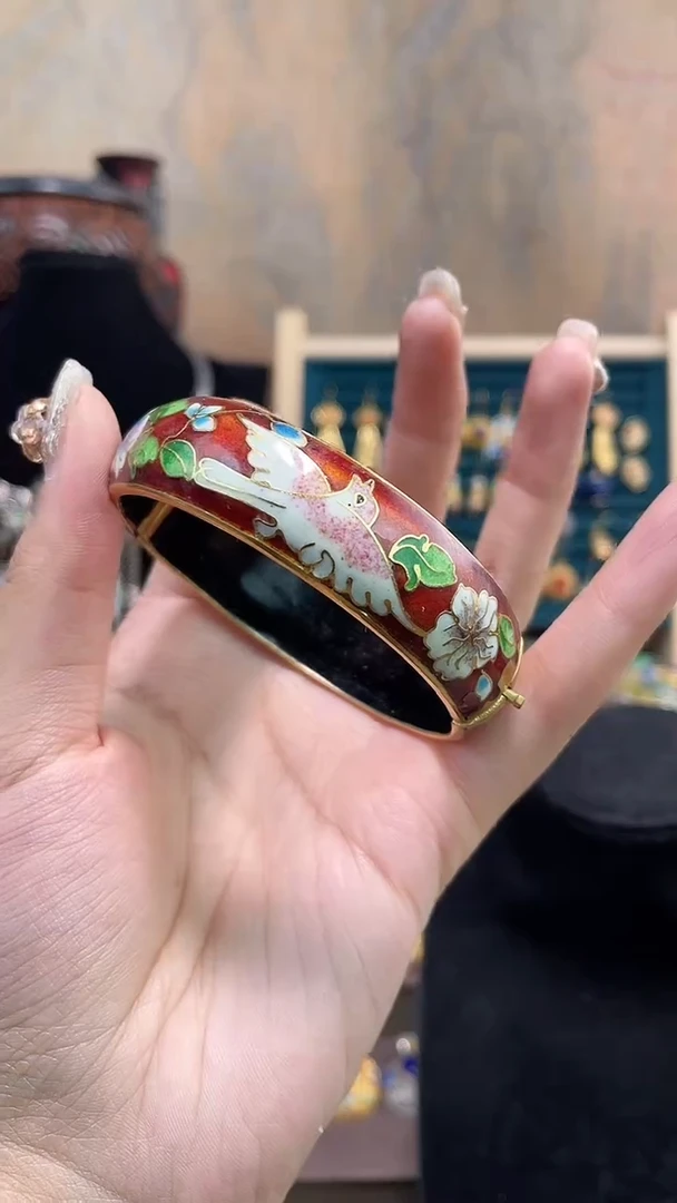 非遗手工景泰蓝开口银蓝镯子红色