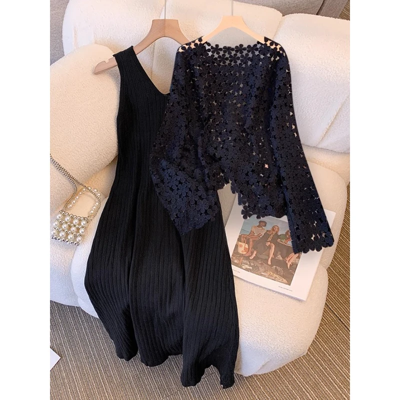 Y627#大码胖mm高级感镂空罩衫吊带连衣裙巨显瘦两件套