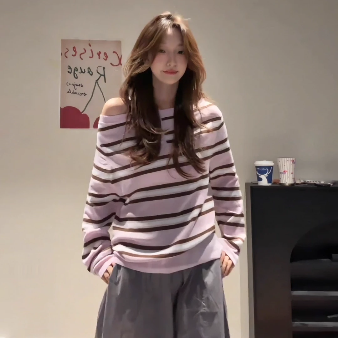 【9161】大码女装胖mm韩系条纹撞色一字肩长袖T恤秋季露肩小衫上衣