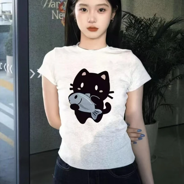 卡通小猫正肩短袖t恤女2025夏季设计感圆领小众修身常规韩系上衣