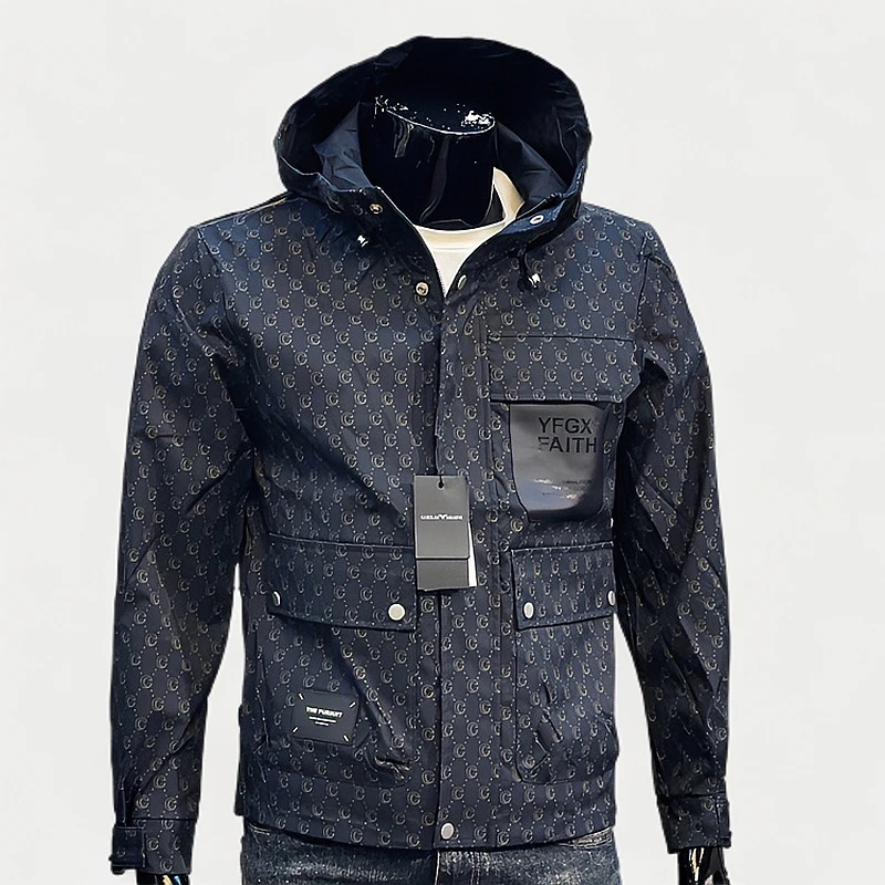 2024新款轻奢印花字母连帽夹克秋欧货修身上衣青年痞帅休闲外套男