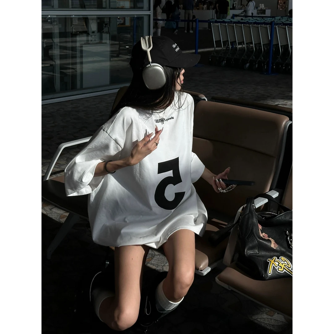 YWBY夏季新款重磅纯棉短袖t恤女圆领宽松休闲百搭印花慵懒风上衣