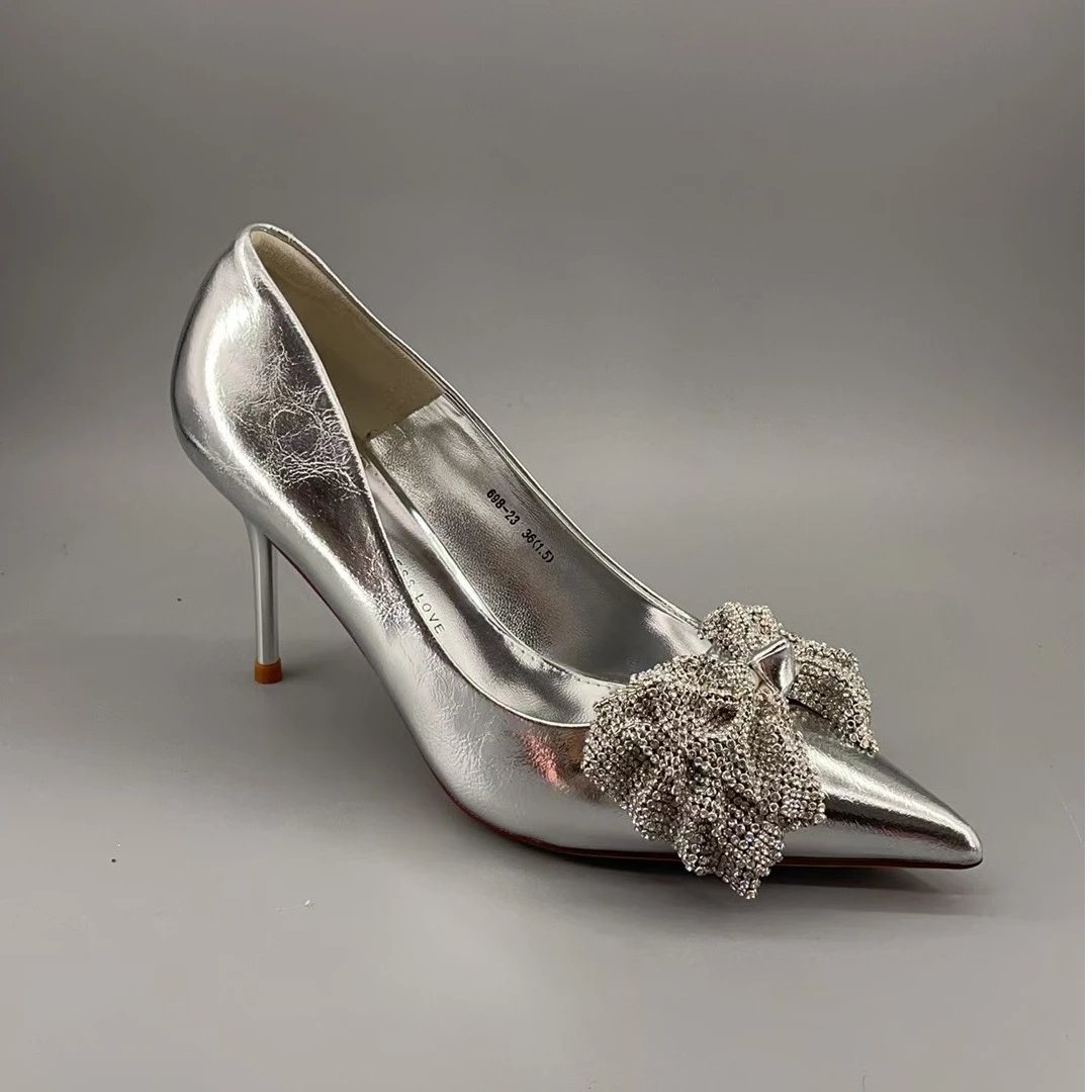 698-23（7厘米）银色水钻蝴蝶结性感气质型单鞋细高跟