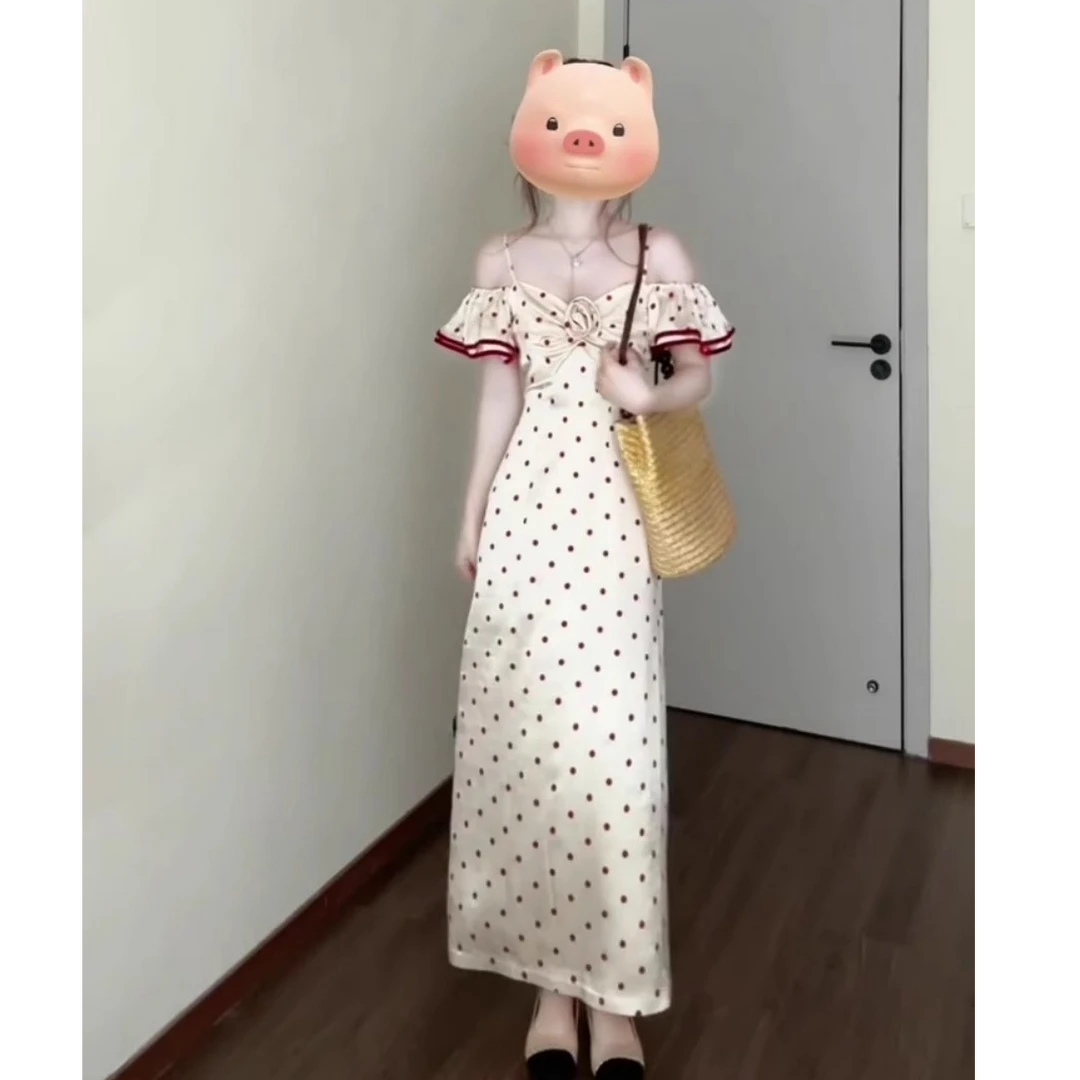 大码时尚法式荷叶边一字肩波点连衣裙海边度假风绝美气质礼服裙夏