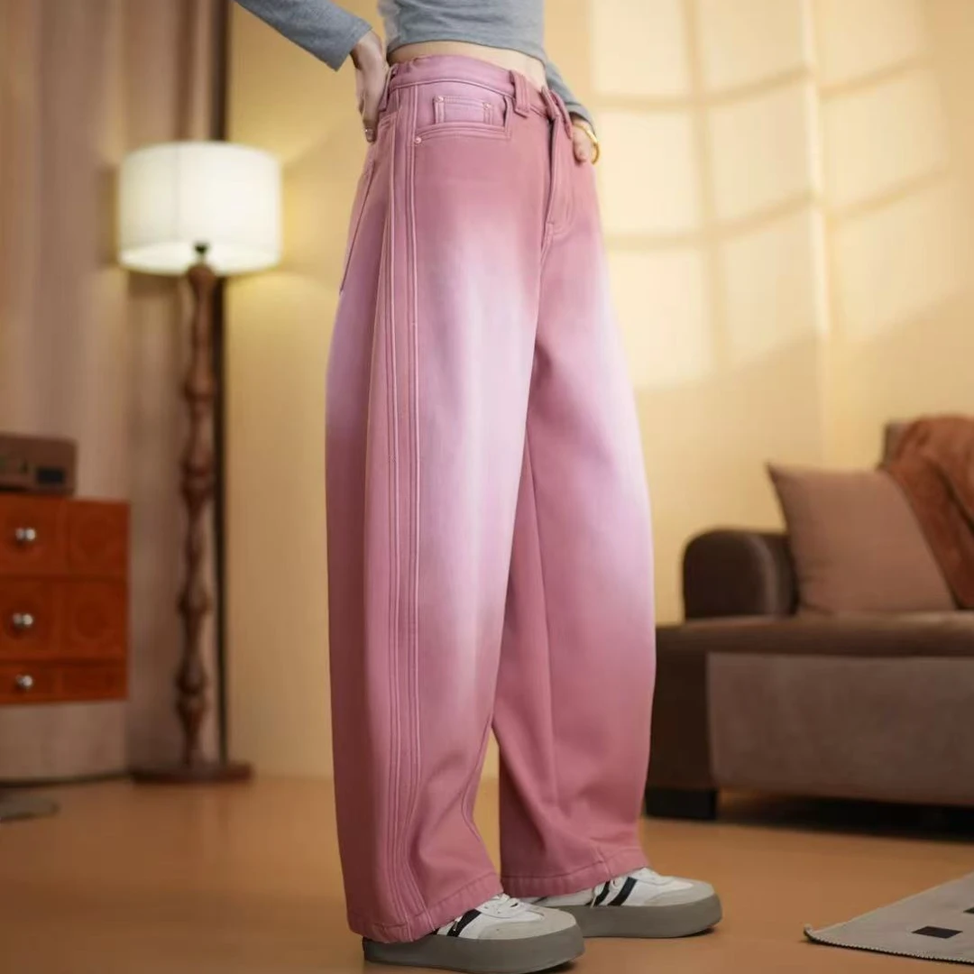 秋冬牛仔加绒弯刀裤女显瘦百搭女士牛仔高腰宽松阔腿裤