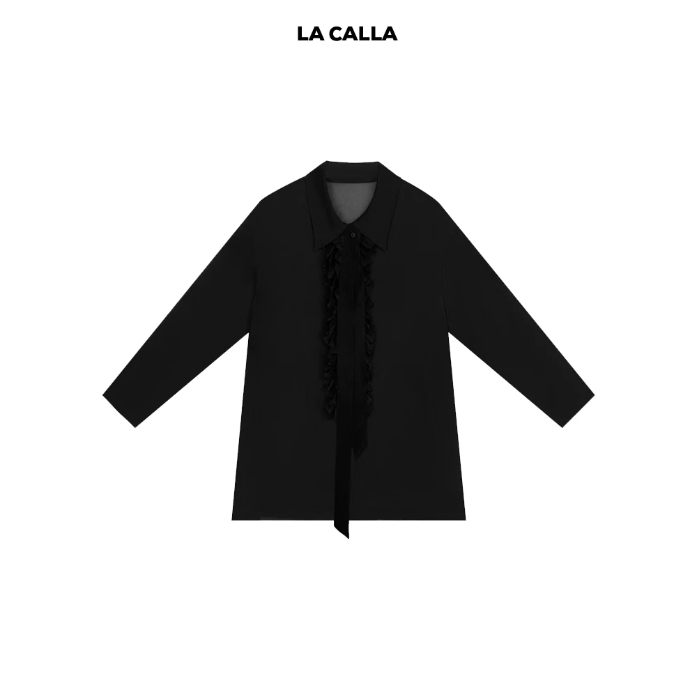 LA CALLA迷人衬衫黑色复古休闲木耳边长袖衬衫YY1811