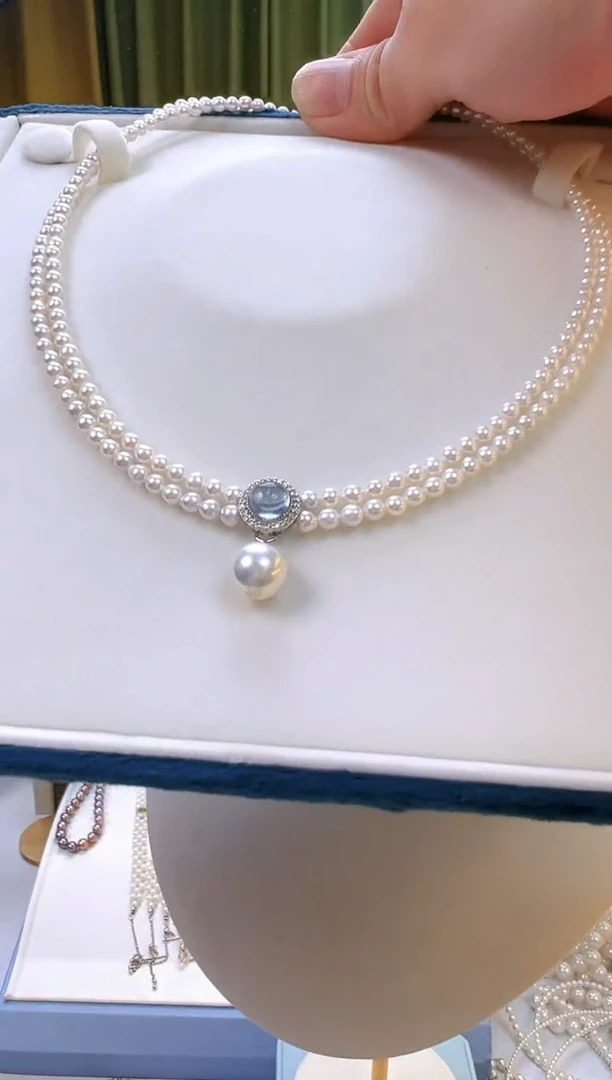 淡水珍珠银S925镶嵌项链喵**?海洋之星珍珠双层全珠项链