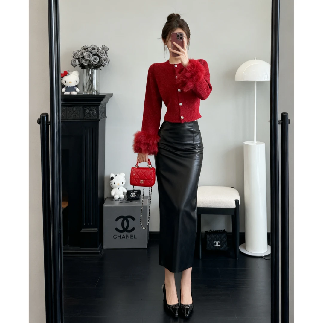 法式小香风红色毛茸茸长袖针织衫毛衣秋冬半身裙套装冬季