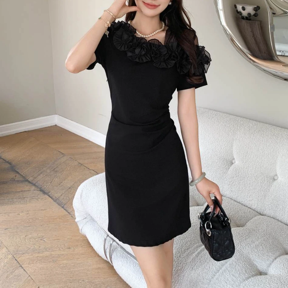 【锦衣服饰】JFLS 5213韩系网纱花领短袖连衣裙