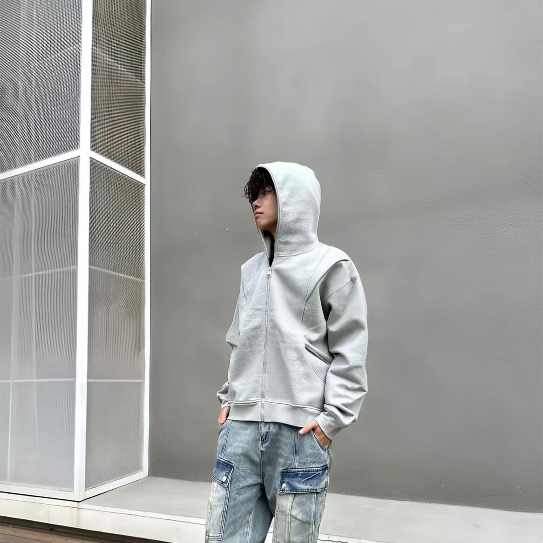 EYESSOUL 弦月解构拼接活页剪裁Cleanfit短宽拉链开衫卫衣hoodie