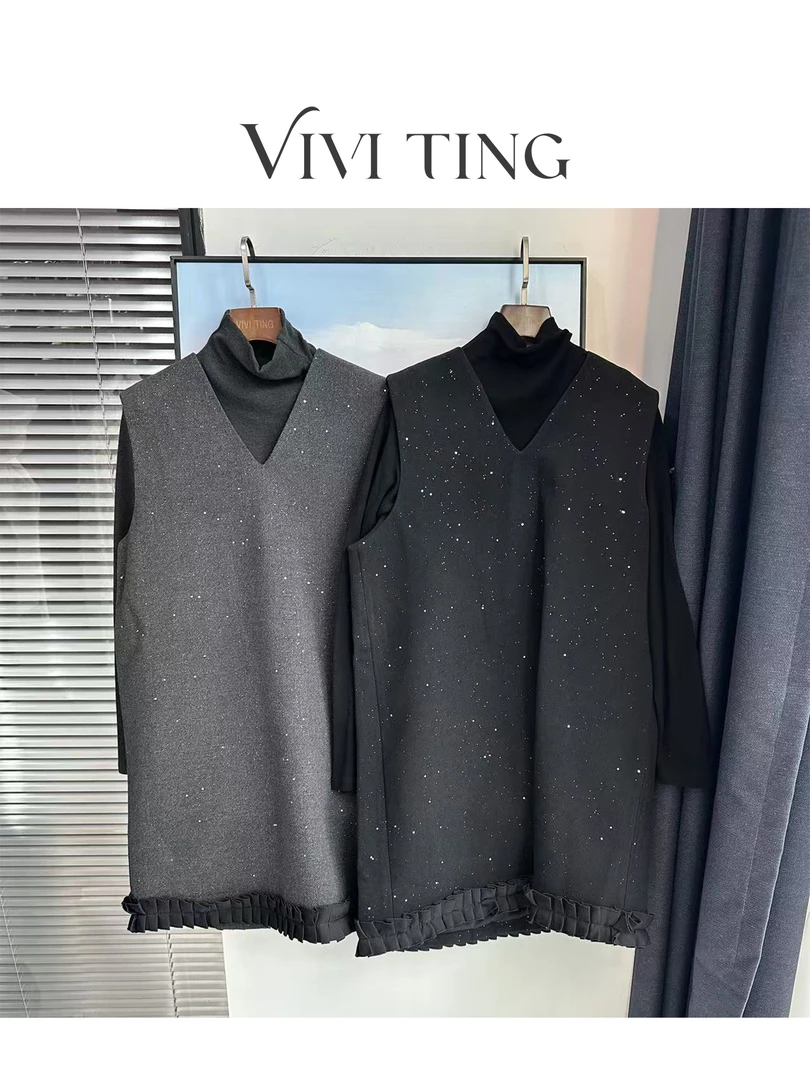 【VIVI·TING】婷姐推荐秋时尚套装荷叶花边拼亮片V领马甲两件套s344
