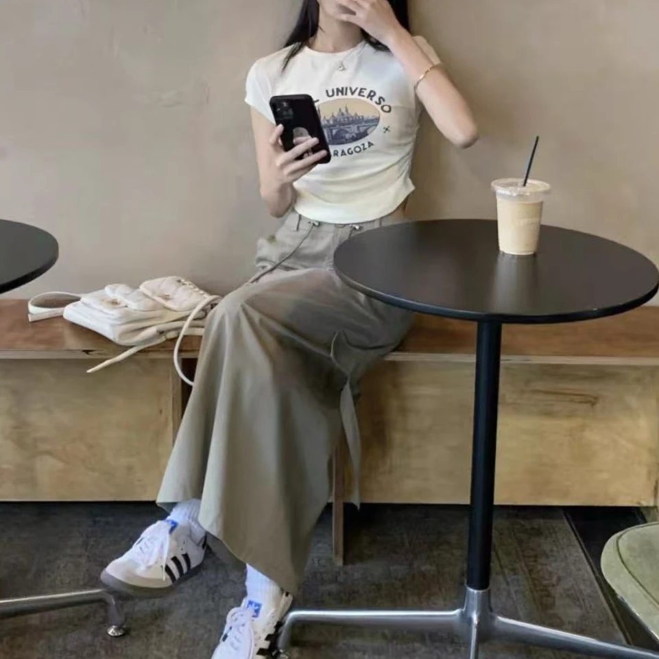 婷婷家美式印花短袖T恤女2025夏装抽绳高腰工装半身裙两件套