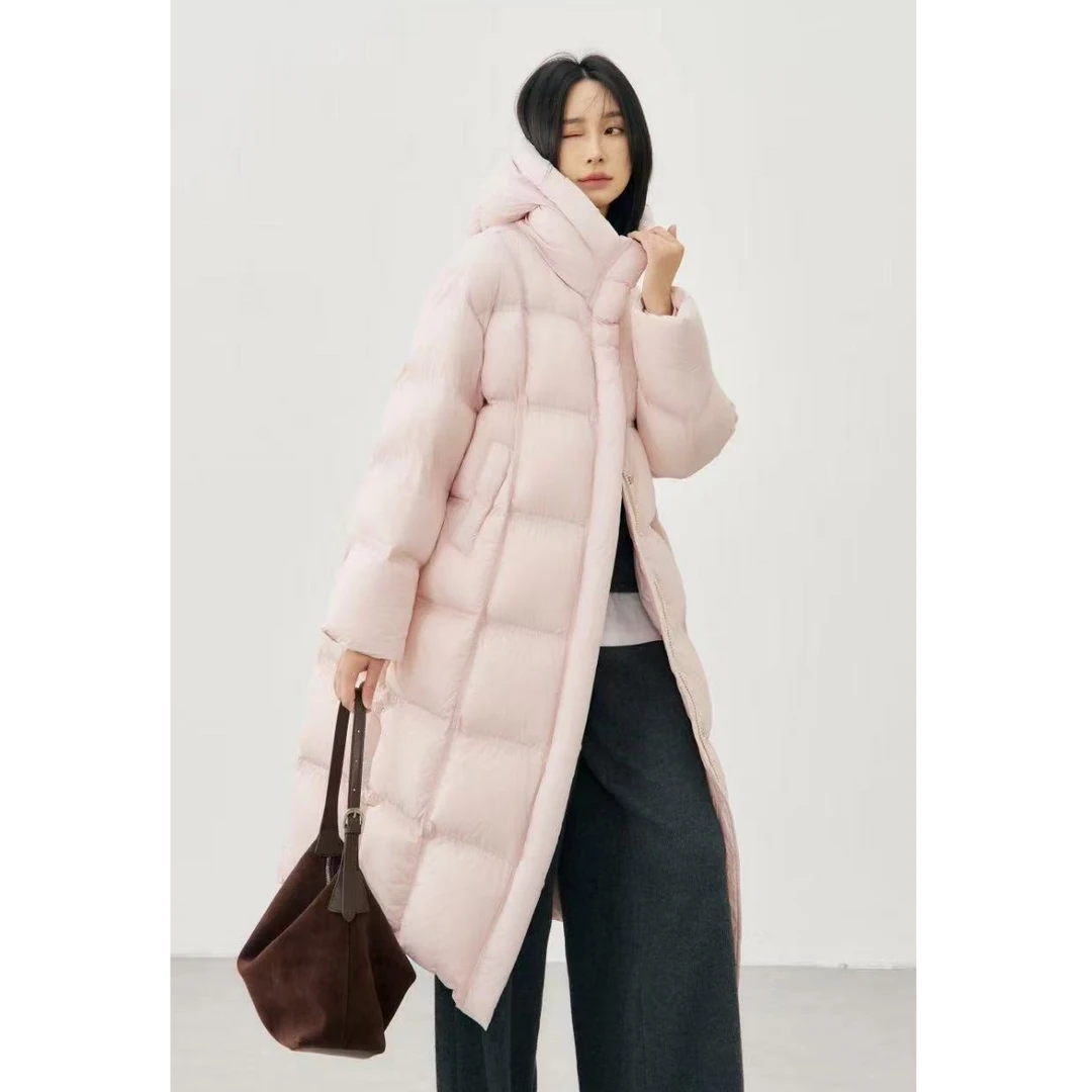 90白鸭绒廓形云感泡芙大被子加厚保暖百搭过膝长款连帽羽绒服L818