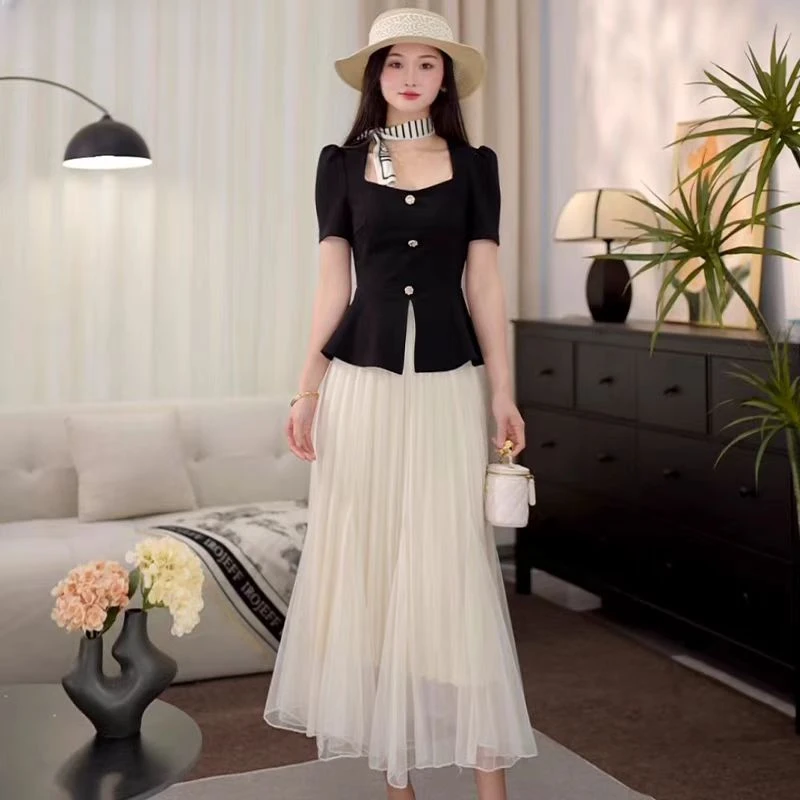 夏季大码穿搭一整套方领套装裙女气质高级感法式网纱半裙套装3012