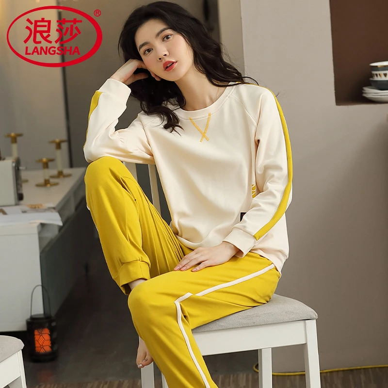 浪莎纯棉睡衣女款春秋季长袖束脚长裤韩版套头宽松简约家居服套装