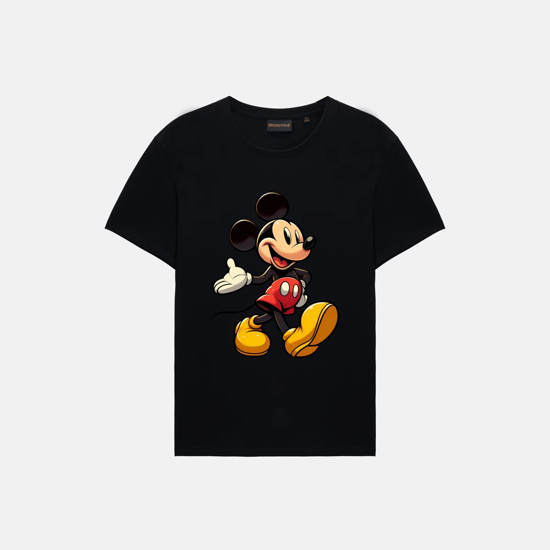 【黑色S码】美国匹马棉100支双股丝光棉圆领印花透气修身短袖T恤