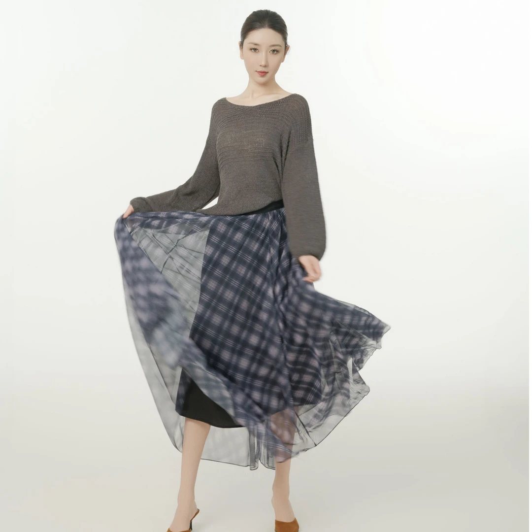 大摆裙格子半身裙秋冬+圆领长袖针织衫