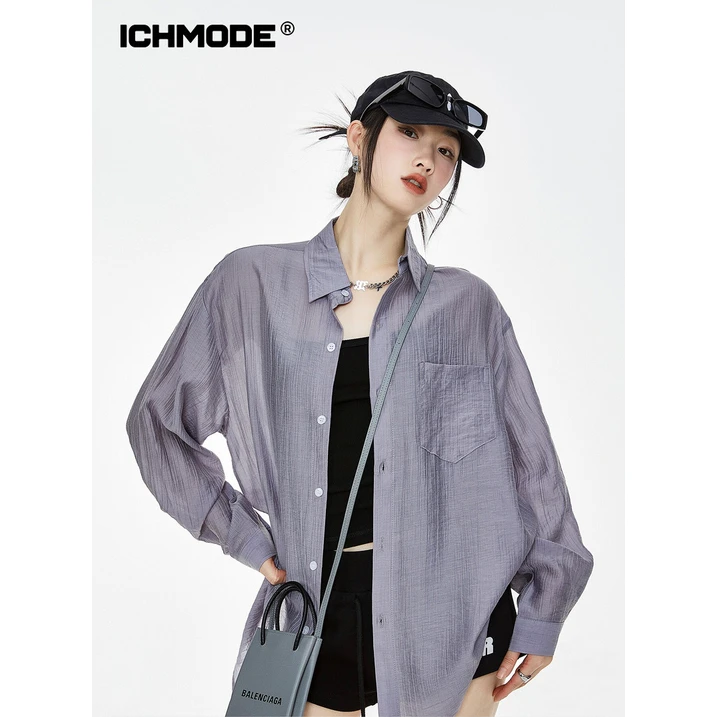 ICHMODE美式复古纯色衬衫慵懒风衬衣长袖外套女春秋蓝色时尚款