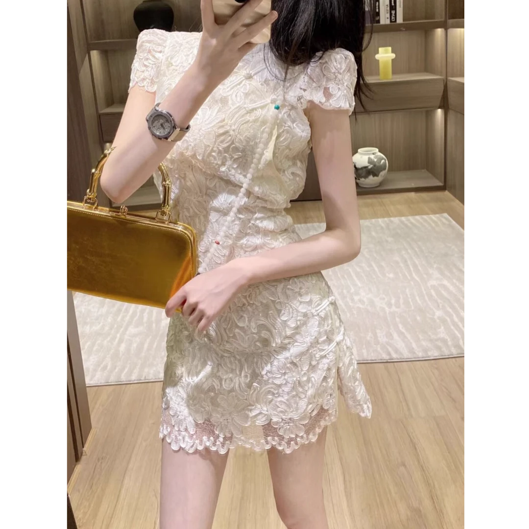 Leathercat蕾丝连衣裙女夏季法式气质小个子收腰显瘦新中式短裙子