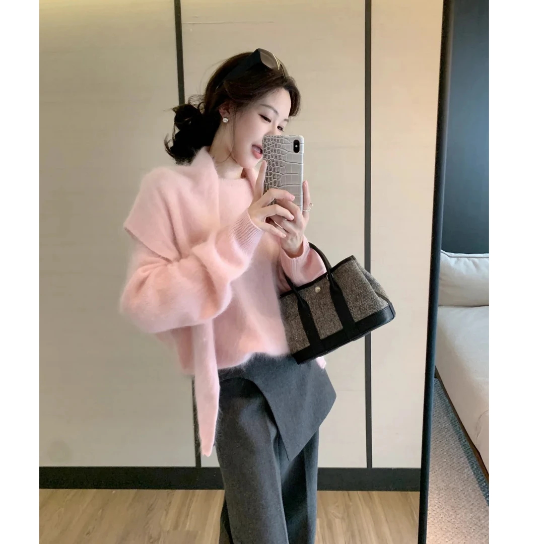 Leathercat针织衫韩系减龄甜美风小众披肩领粉色毛衣女款2025新款