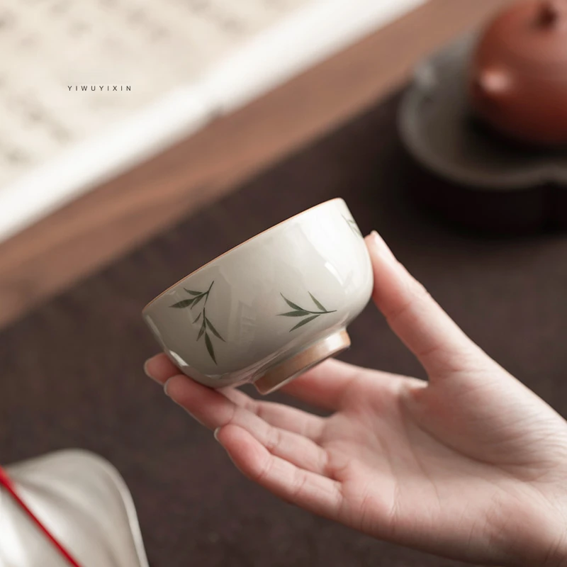 宜物宜心中式手绘筱竹草木灰釉下彩复古单杯茶杯家用陶瓷功夫茶具