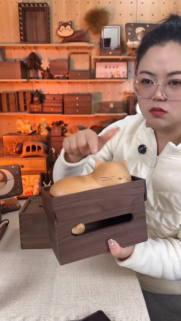 木北美黑胡桃躺平猫纸巾盒