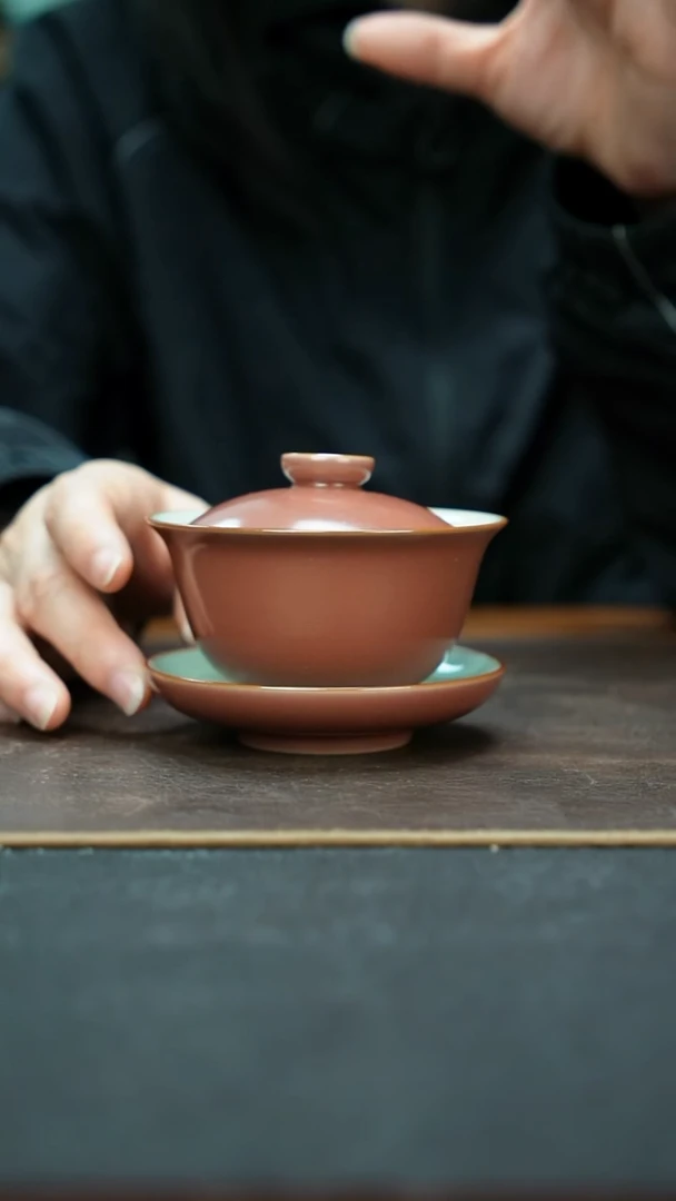 杯景德镇汝窑南红三才盖碗