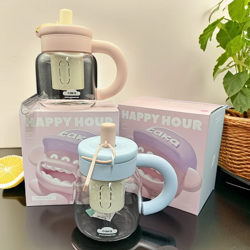 C卡钵钵杯办公桌手柄花茶杯泡茶可爱吸管玻璃杯新大容量