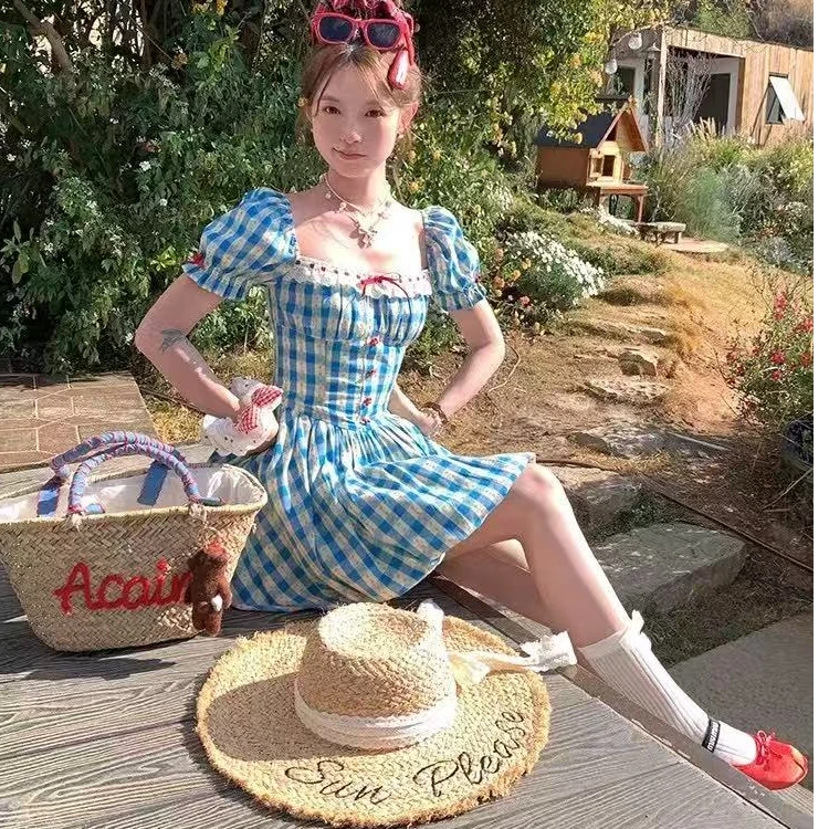 波西塔塔 夏季长短款/森系碎花田园格纹连衣裙