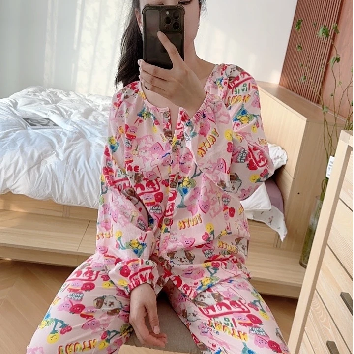 粉色日系睡衣女春秋款卡通可爱纯棉宽松甜美多巴胺女开衫家居服