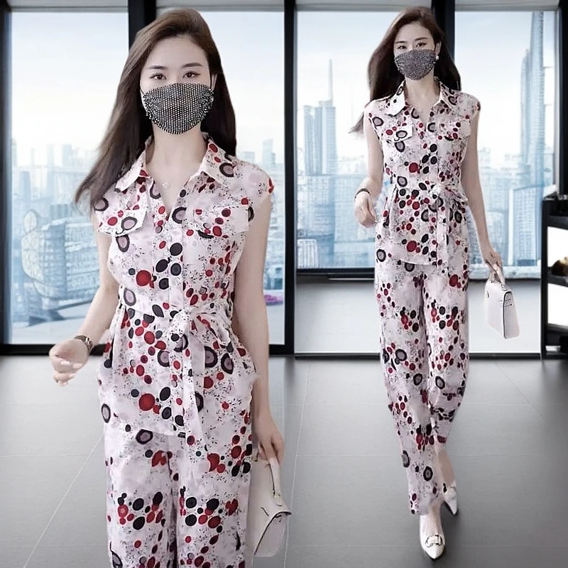 凉爽休闲套装女士2024新款夏季气质时尚洋气减龄短袖阔腿裤两件套