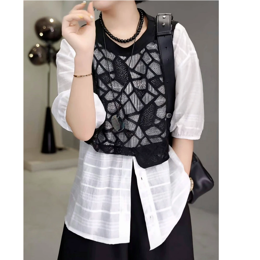 2025夏季新款设计感菱格蕾丝马甲拼接假两件短袖衬衫宽松圆领小众