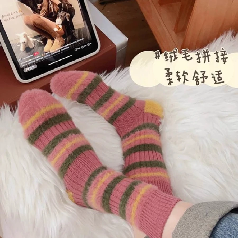 毛毛袜柔软舒适针织条纹加绒加厚保暖秋冬季中筒ins日系撞色复古