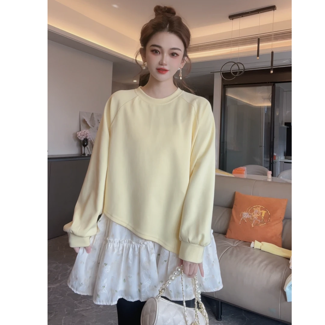 【半夏专属】韩系纯色长袖拼接假两件圆领套头卫衣裙时尚宽松连衣裙