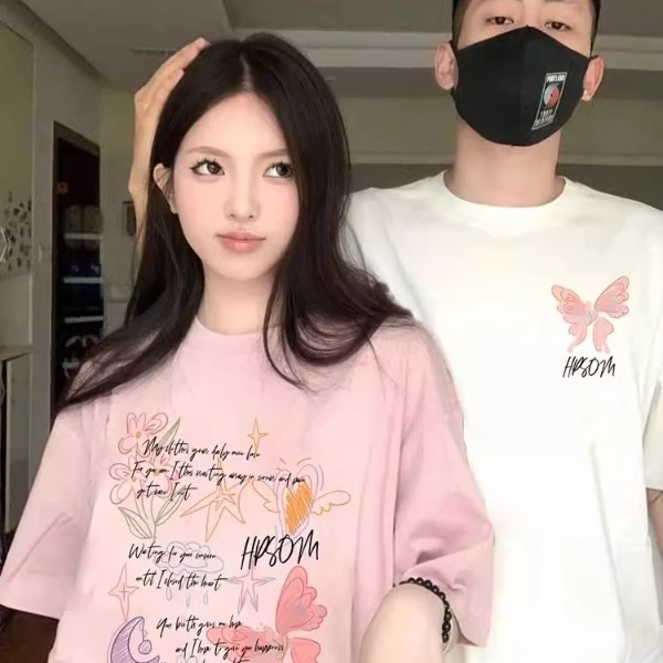 情侣装2025新款一男一女情侣短袖潮牌高级感夏季纯棉宽松休闲T恤