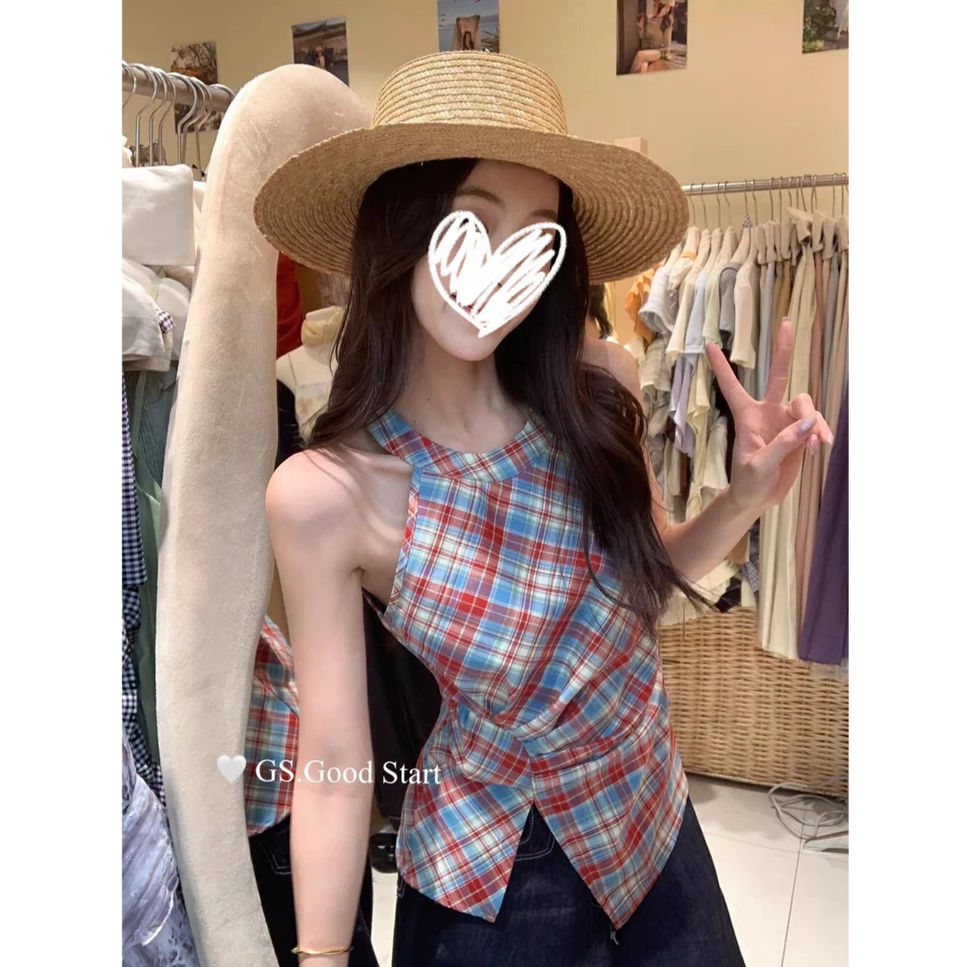 韩系复古格纹无袖背心女2025夏季新款洋气百搭显瘦外穿上衣