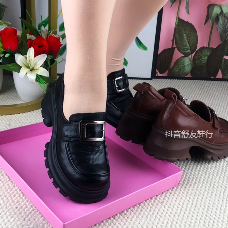牛皮单鞋女2025春季新款真皮粗跟低跟女鞋单鞋乐福鞋一脚蹬小皮鞋