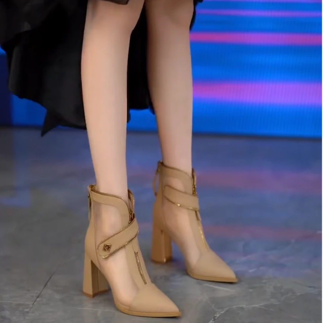 yh-2025新款短筒高跟靴欧美风扣带前拉链网纱拼接尖头粗跟瘦瘦靴