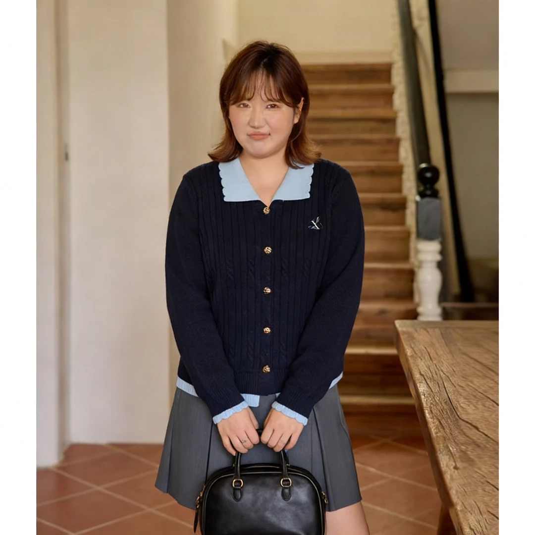 秋冬新款宽松撞色大码女装假两件针织衫宽松显瘦拼接设计感上衣